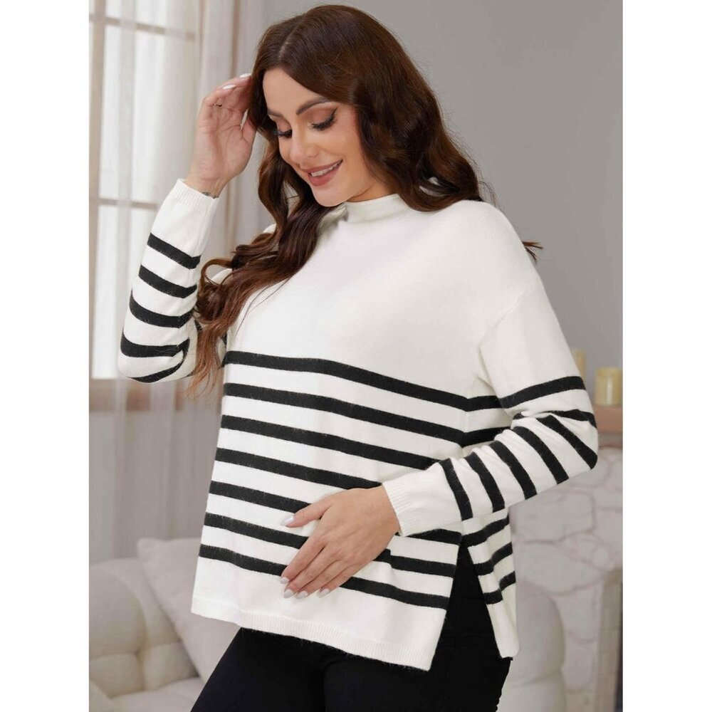 Womens Maternity Sweater Winter Top Striped Long Sleeve Relaxed Fit - Picture 2 of 7